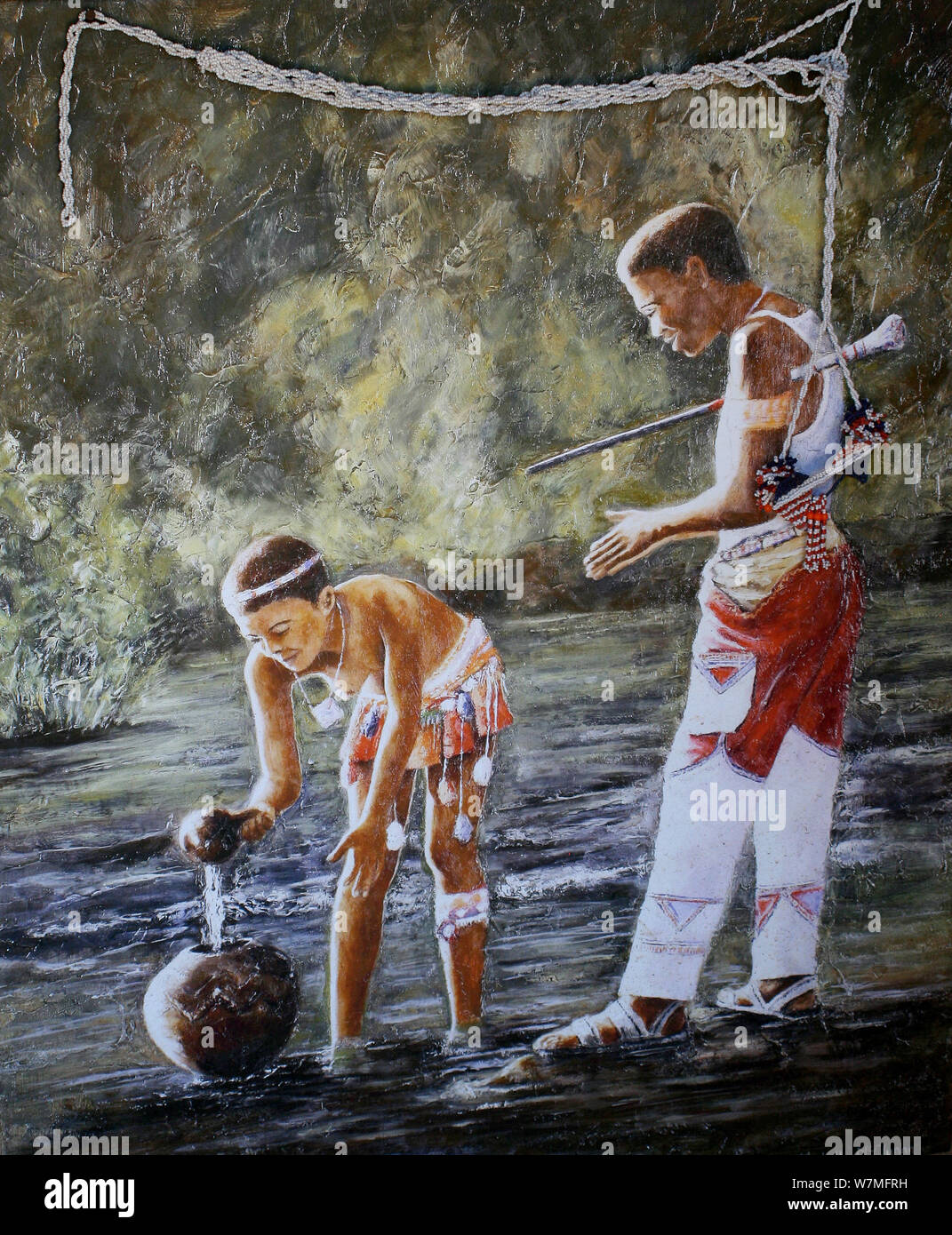 Painting depicting a Zulu proposal of marriage down by the river at Shakaland Zulu Cultural Village, Eshowe, Kwazulu Natal, South Africa Stock Photo