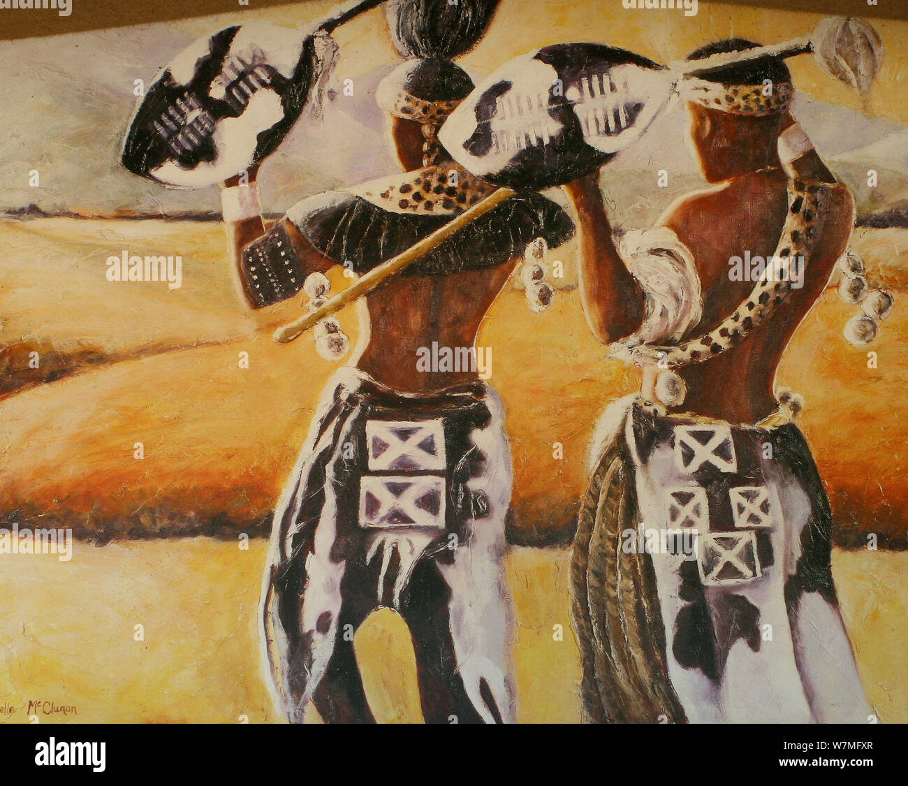 Painting depicting a Zulu proposal of marriage down by the river at