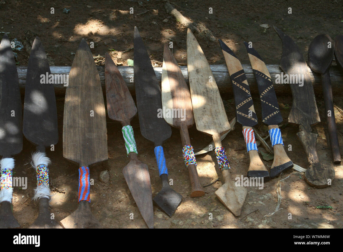 Collection of Zulu spears for sale as souvenirs at Shakaland Zulu
