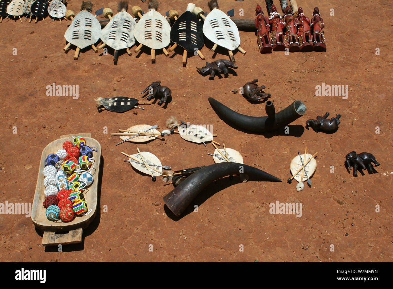Collection of different Zulu items for sale as souvenirs at Shakaland Zulu Cultural Village, Eshowe, Kwazulu Natal, South Africa Stock Photo