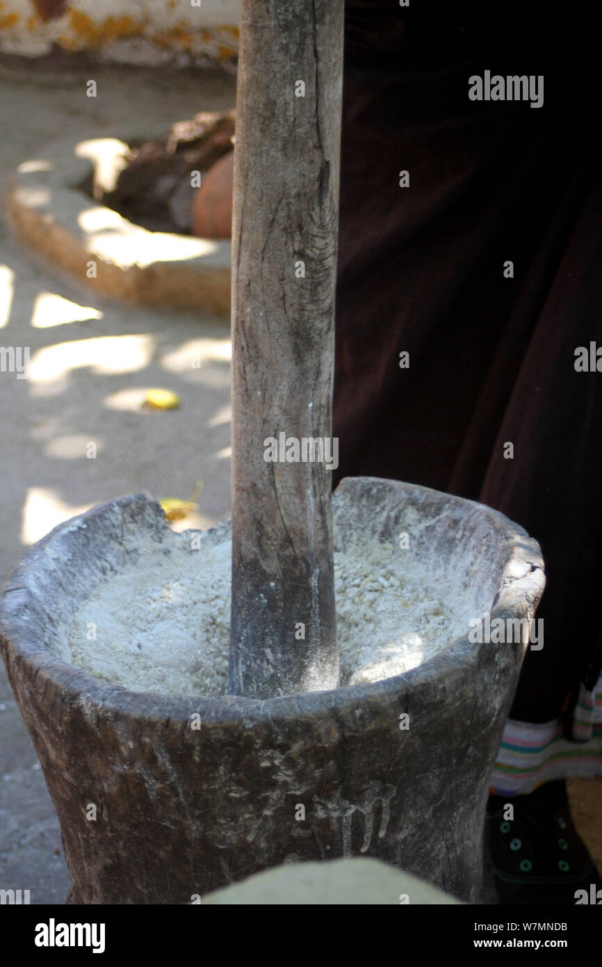 Traditional mortar and pestle used to pound maize at Lesedi Cultural