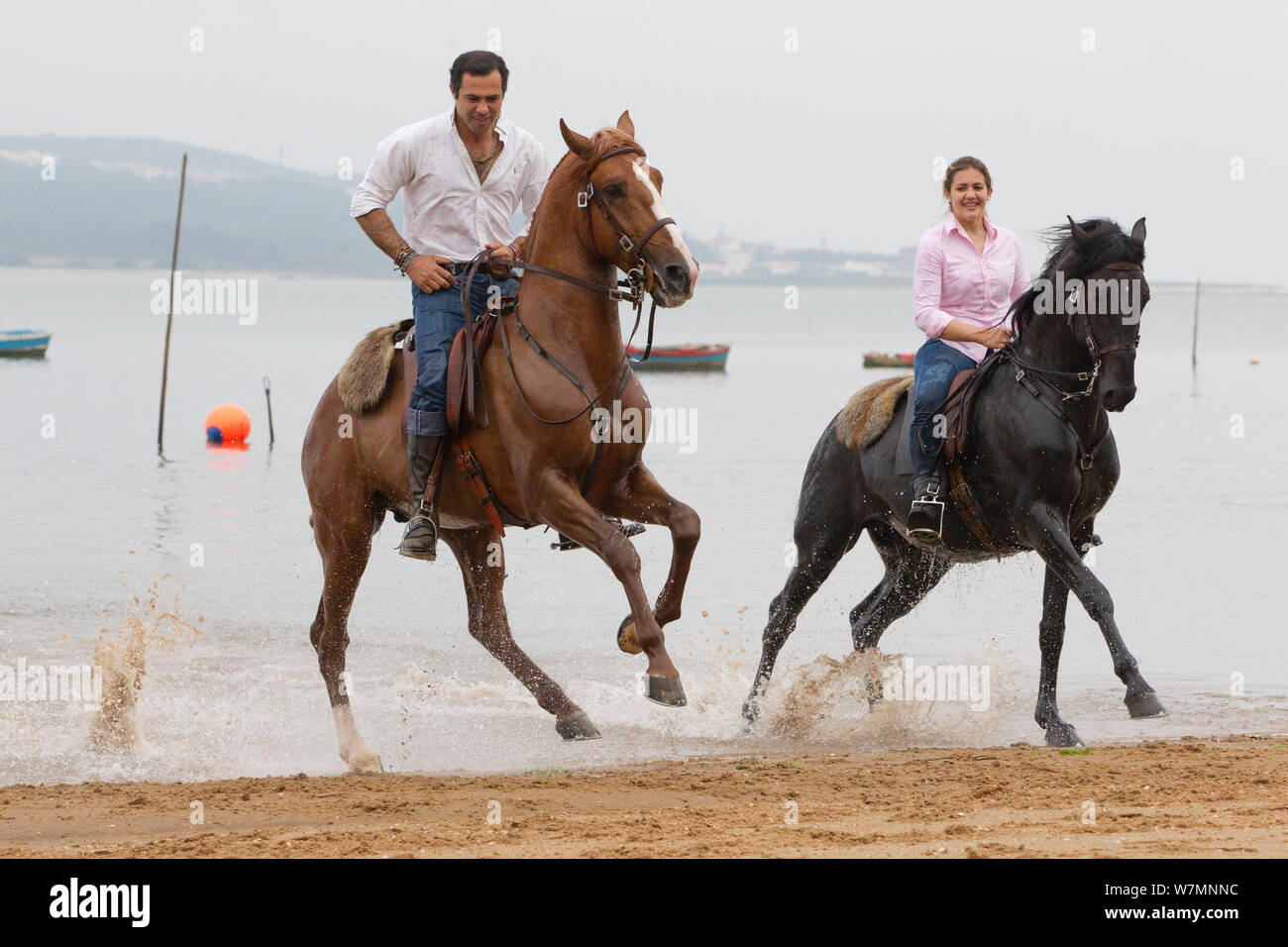 Lusitano horse, man and woman riding through water, Portugal, May 2011, model released Stock Photo