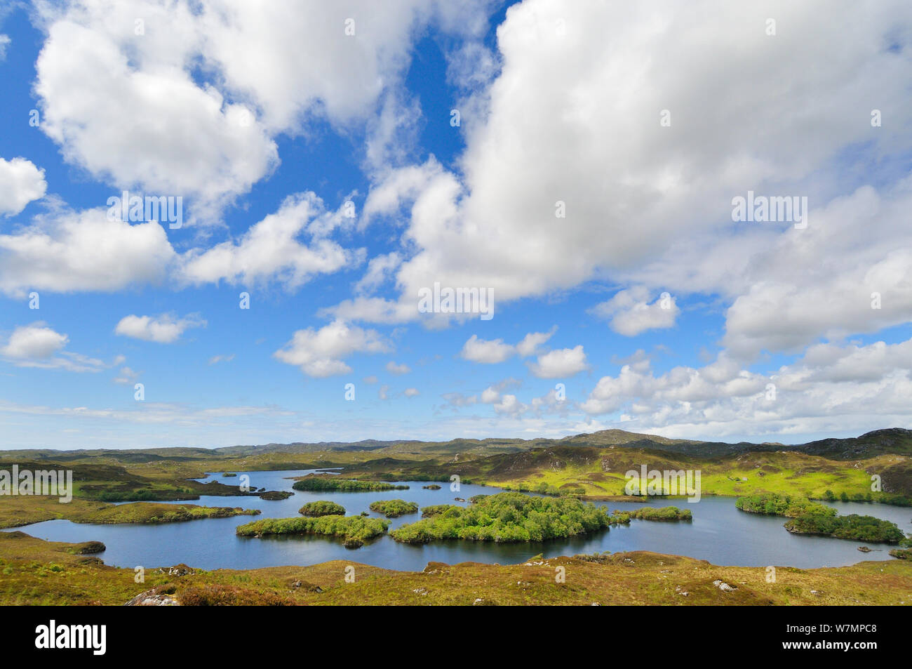 A view over the oak (Quercus petraea) covered islands of Loch Beannach ...