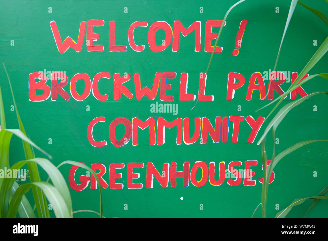 Welcome sign to Brockwell Park Community Greenhouses, London, England, UK, August Stock Photo