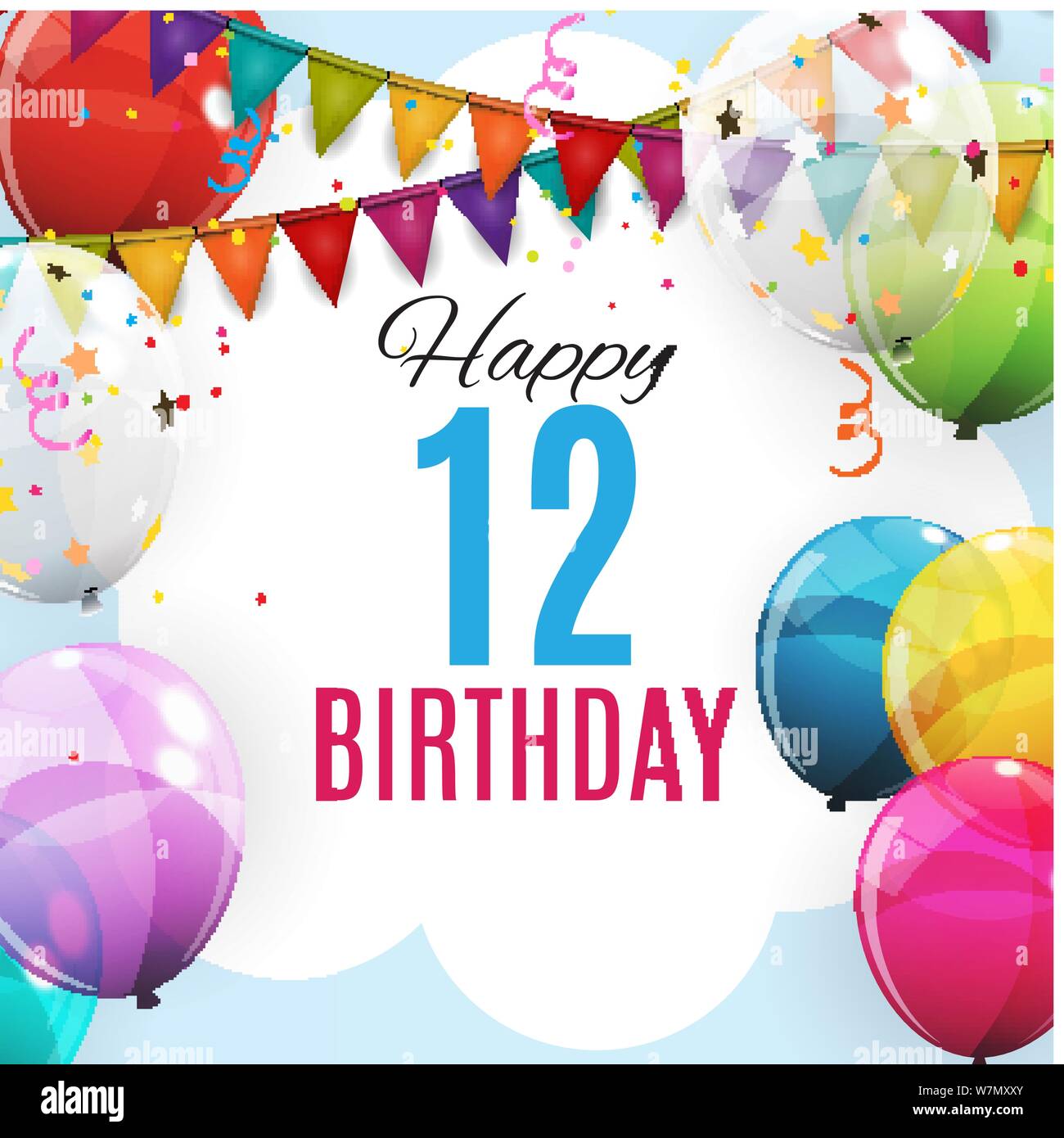 Cute Template 12 Years Anniversary. Group of Colour Glossy Helium ...