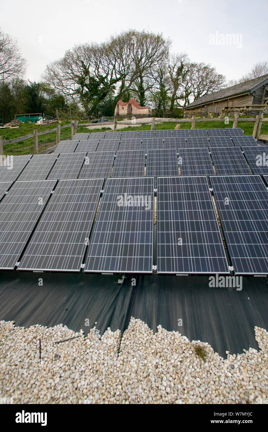 Solar panels in Down to Earth environmental project, way of creating sustainable energy, Murton, Gower, South Wales, UK 2009 Stock Photo