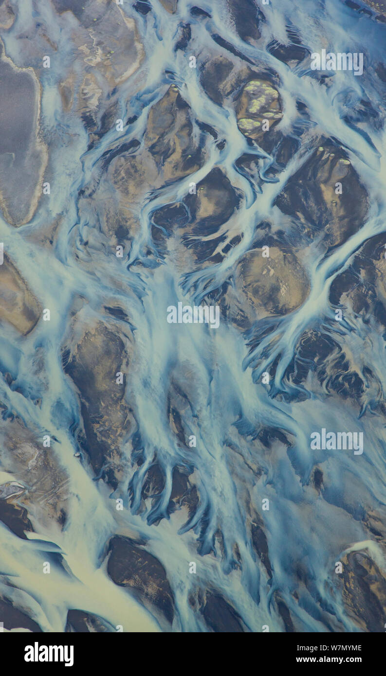 Aerial view of Thjorsa river and estuary with water from melting glaciers, Southeast Iceland, July 2009 Stock Photo
