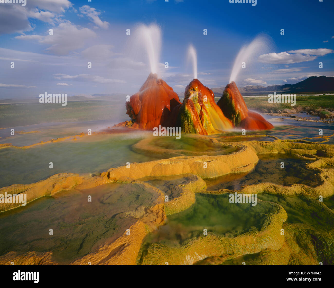 Scalding hot water continuously spouting behind layers of mineral deposits, Fly Geyser, Black Rock Desert, Great Basin Desert, Nevada, USA Stock Photo
