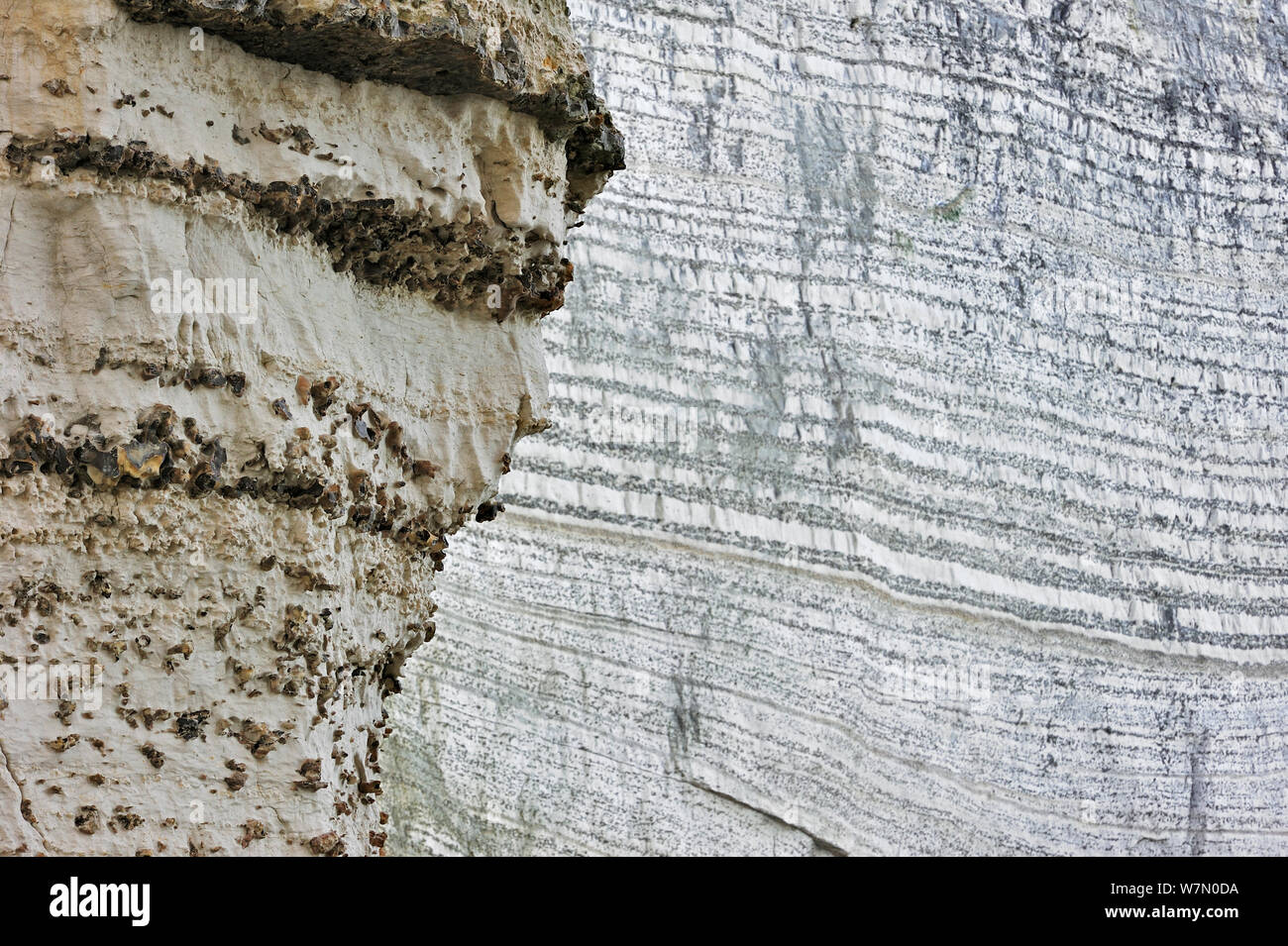 Layers of flint in chalk cliff at Etretat, Upper Normandy, Côte d'Albâtre, France, March Stock Photo