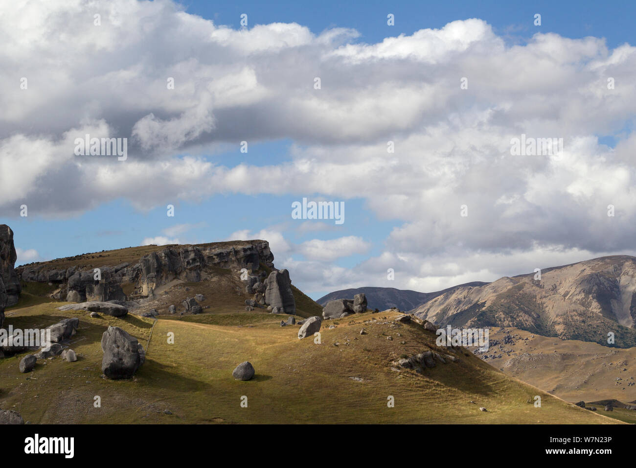 Limestone rock formations surrounded by farmland, Castlehill, Canterbury, South Island, New Zealand. Stock Photo