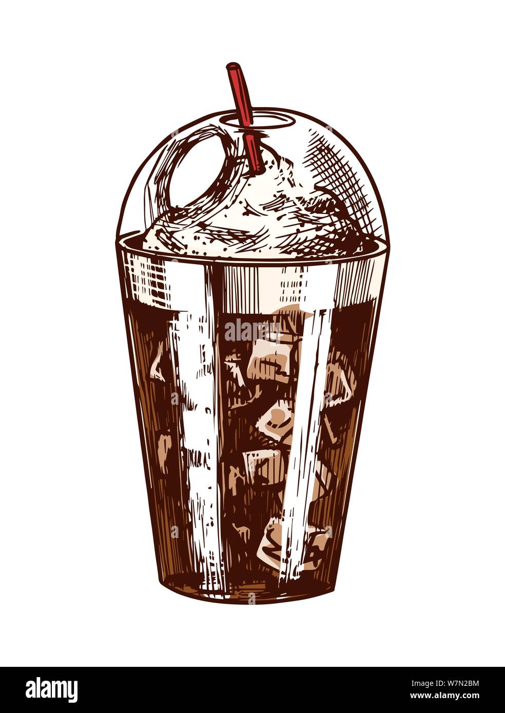 A glass of ice coffee in vintage style. Hand drawn engraved retro ...