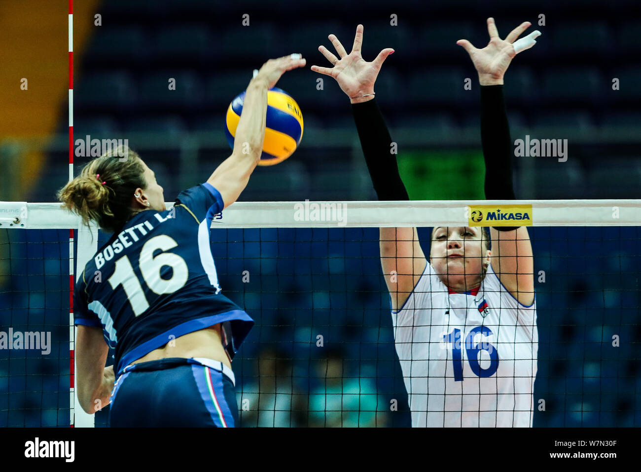 Lucia Bosetti Front Of Italy Tries To Block A Spike By Irina Voronkova Of Russia During The Pool B1 Group 1 Match Of The Fivb World Grand Prix 2017 Stock Photo Alamy
