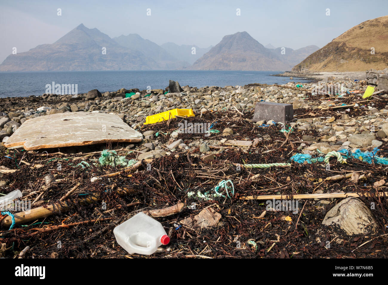 Rubbish washed up on beach. Isle of Skye, Inner Hebrides, Scotland, UK. March 2012. Stock Photo