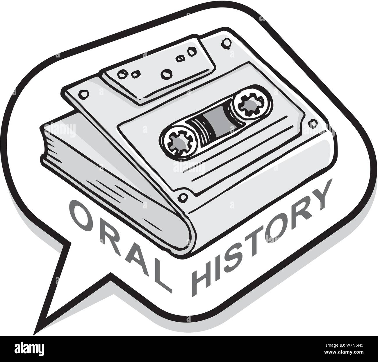 A book with audio cassette cover inside a speech bubble and text below. Use it for oral history group presentations. Stock Vector