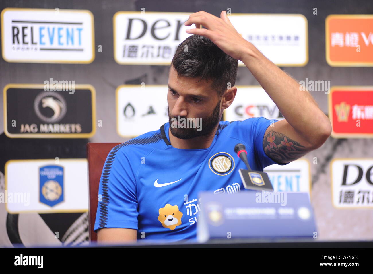 Italian professional football player Antonio Candreva of Inter Milan attends a press conference for the Nanjing match of the 2017 International Champi Stock Photo