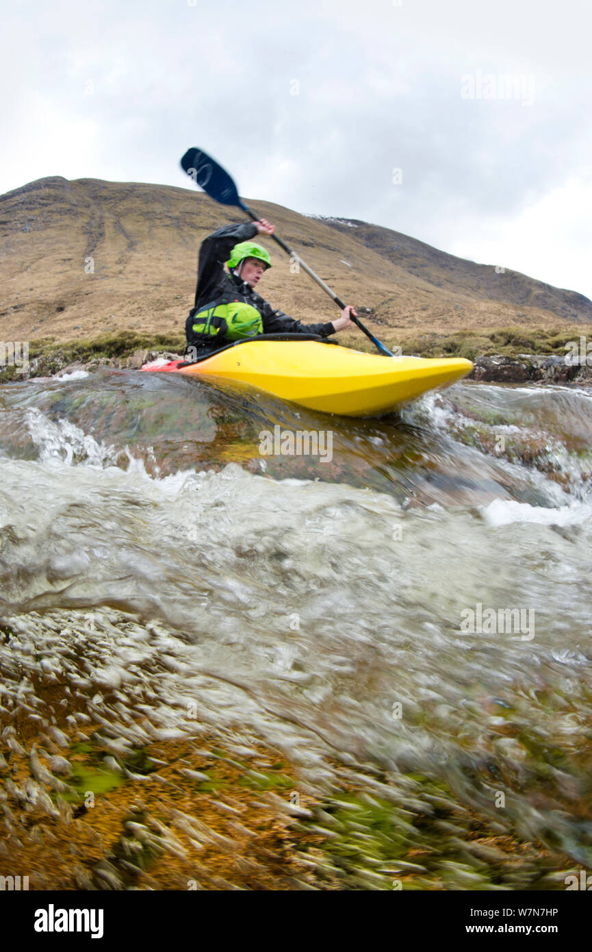 Kayaker on the River Etive, Highlands, Scotland, UK, April 2012. Stock Photo