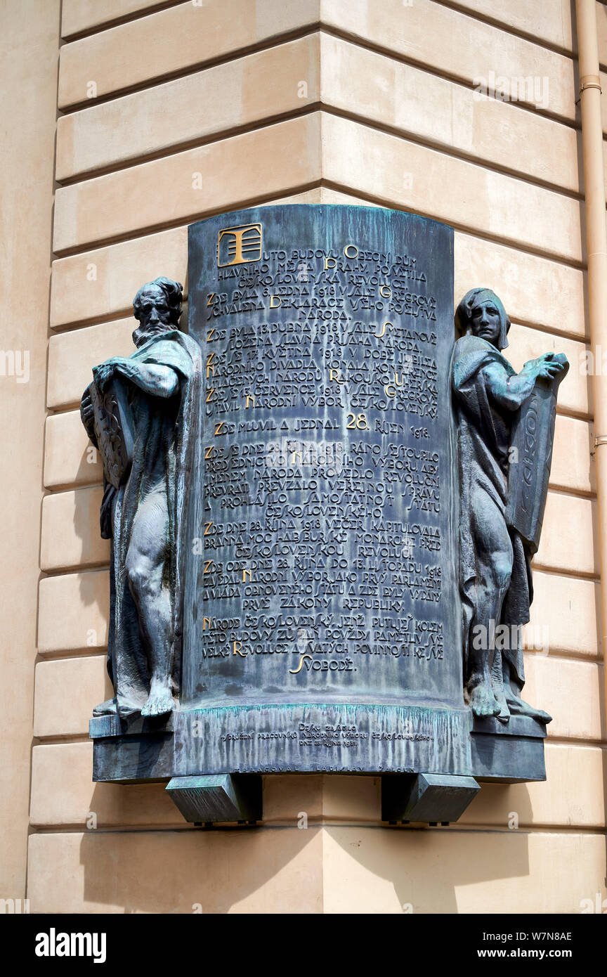 Prague Czech Republic. Historical sculpture at the entrance of the Municipal House Stock Photo