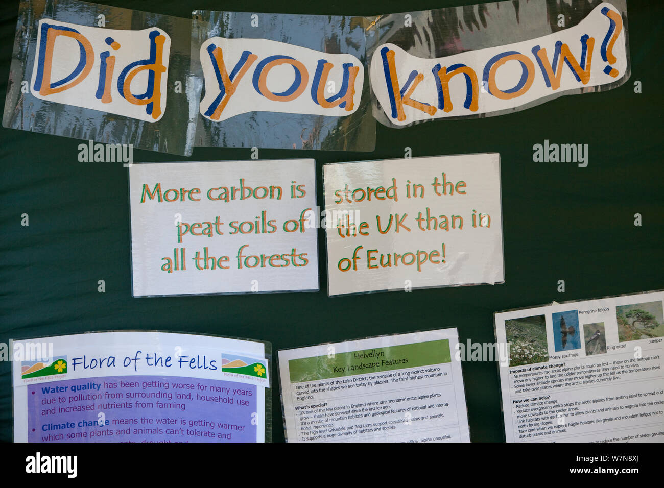 'Did you know More carbon is stored in the peat soils of the UK than in all the forests of Europe' sign at  Flora of the Fells conservation day, Helvellyn, Lake District NP, Cumbria Stock Photo