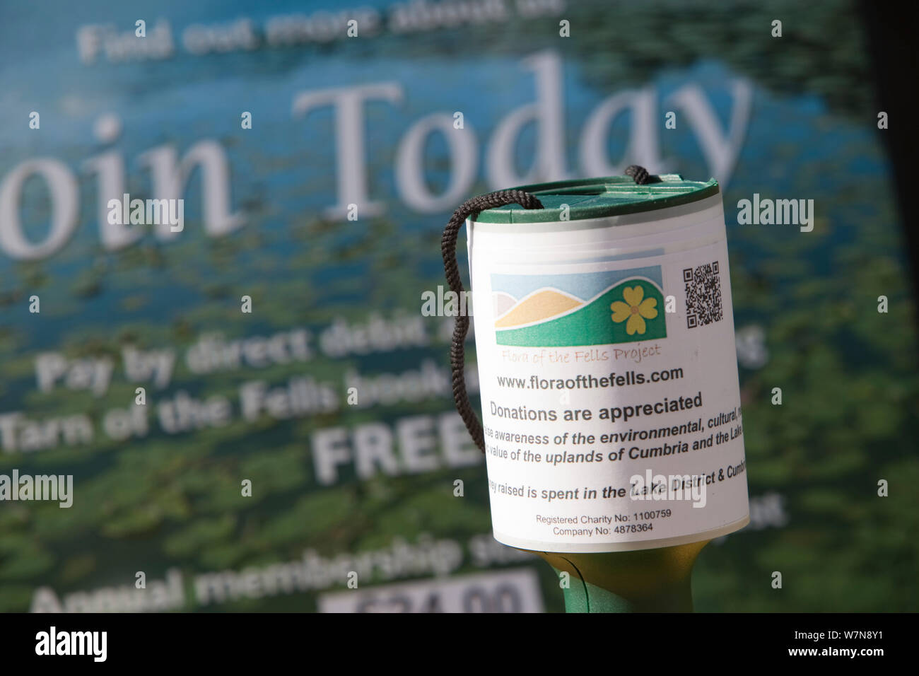 Donation pot on Flora of the Fells conservation day. Helvellyn, Lake District National Park, Cumbria, September. Stock Photo