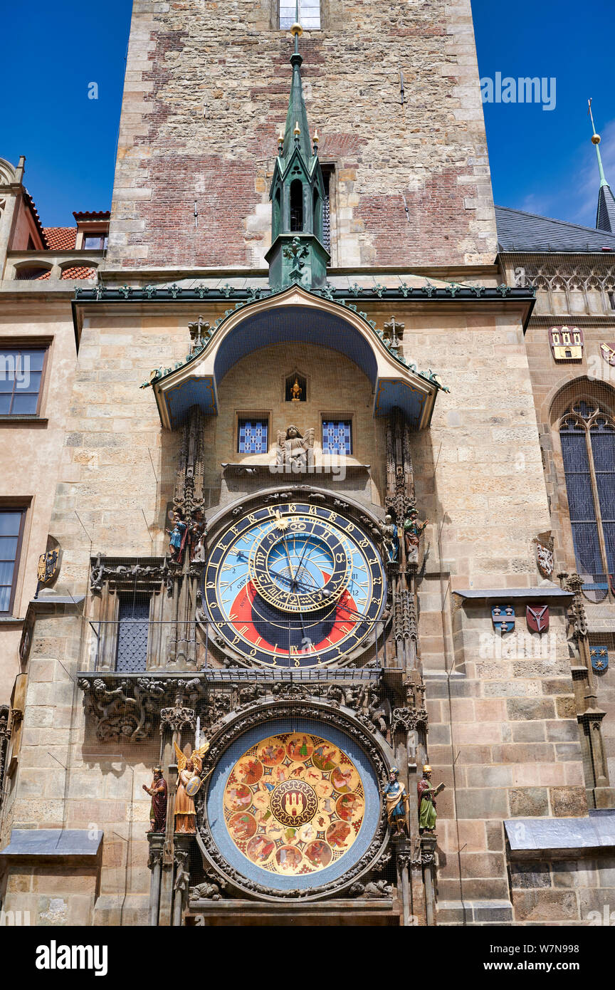 Prague Czech Republic. Prague Orloj, a medieval astronomical clock mounted on the Old Town Hall Stock Photo
