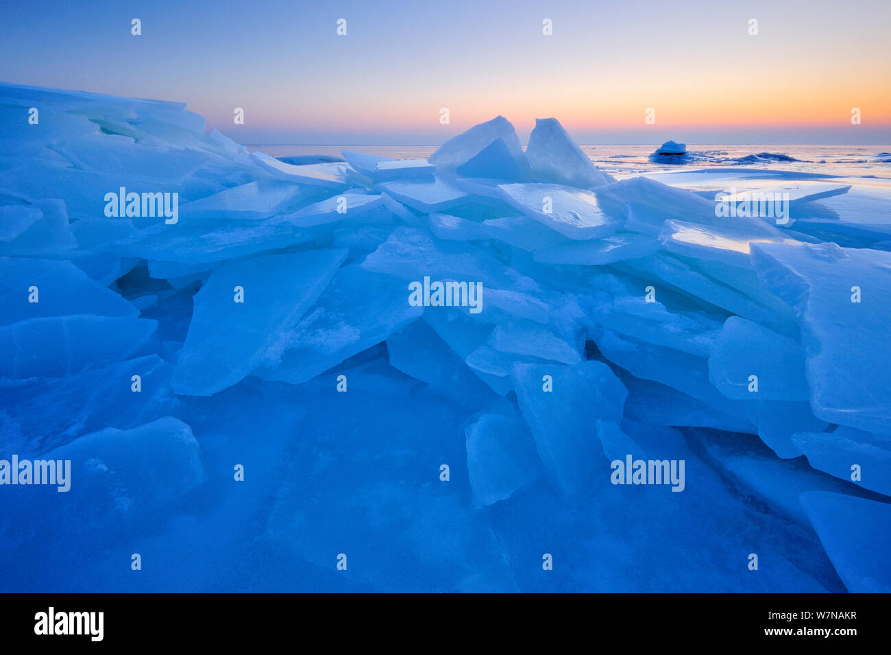 Ice sheets on the coast of the Baltic sea in Klein Zicker, Rugen, Germany, Baltic Sea, February 2011 Stock Photo