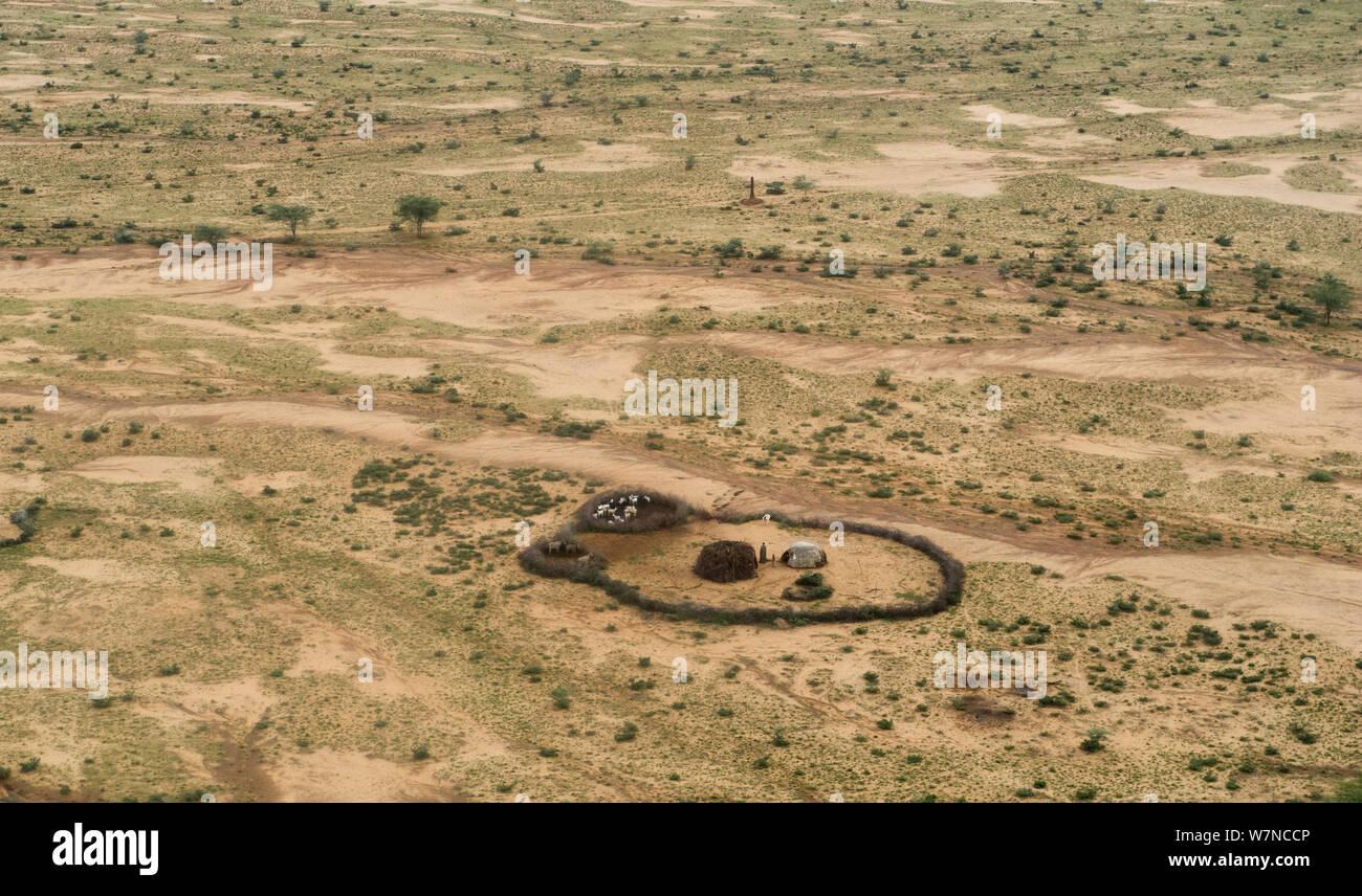 Maasai dwelling enclosure seen from the air. Lochechar, Kenya, Africa, September 2011. Stock Photo