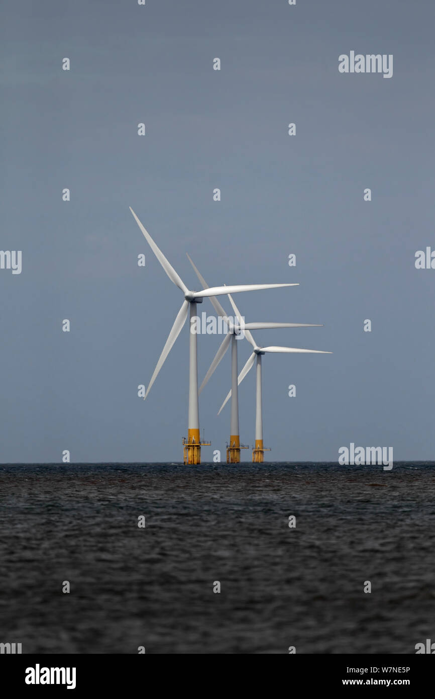 Wind turbines offshore, Norfolk coast, UK, June 2012 Stock Photo