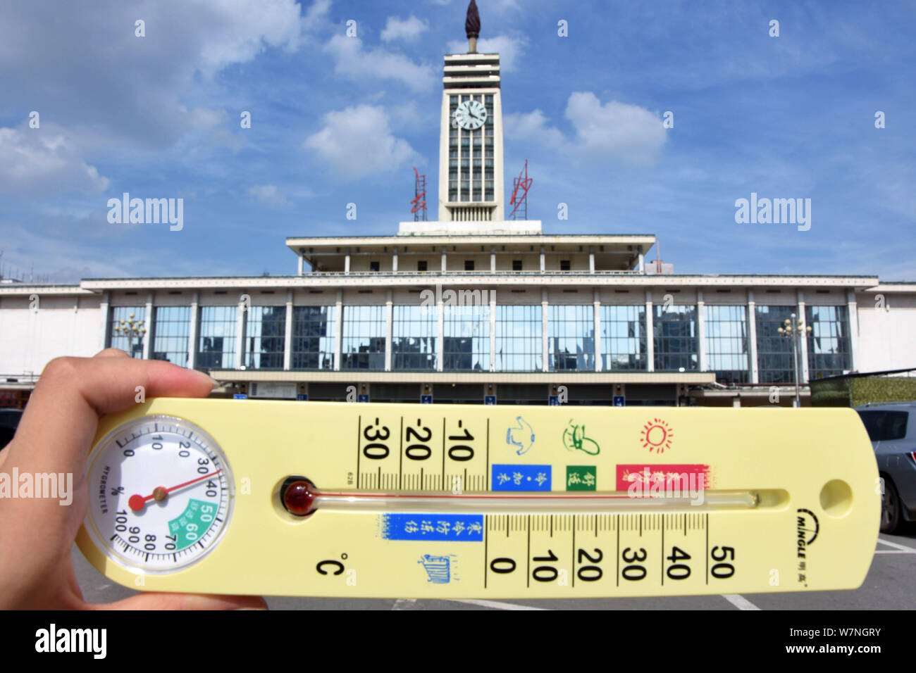 A local resident displays a thermometer showing the current temperature reaching 38 degrees Celsius on a scorching day in front of the Changsha Railwa Stock Photo