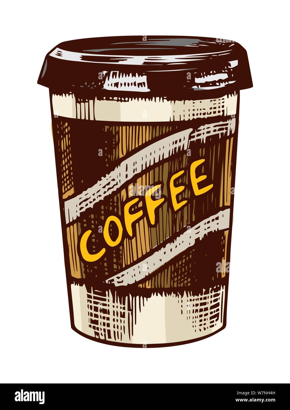 Latte coffee to go in vintage style. Hand drawn engraved retro sketch ...