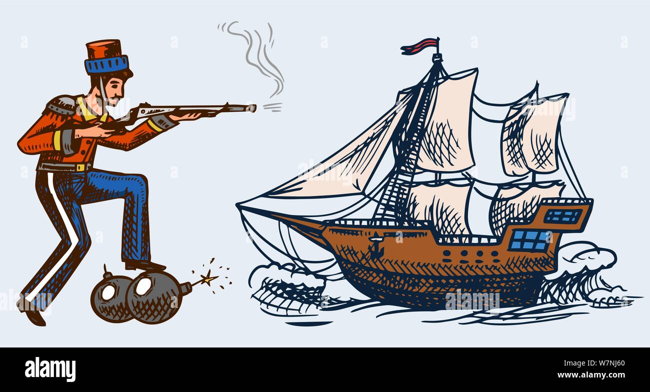 Vintage military man with a bomb and a gun. Sailboat in the sea, The ...