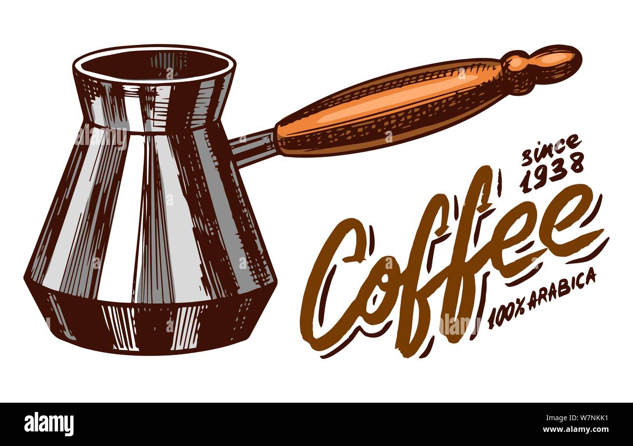 Turk for brewing coffee in vintage style. Hand drawn engraved retro ...