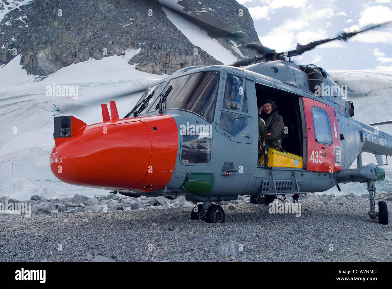 Producer Martha Holmes in Royal Navy helicopter. Antarctic Peninsula. February 2008. Taken on location for BBC tv series 'Life' Stock Photo