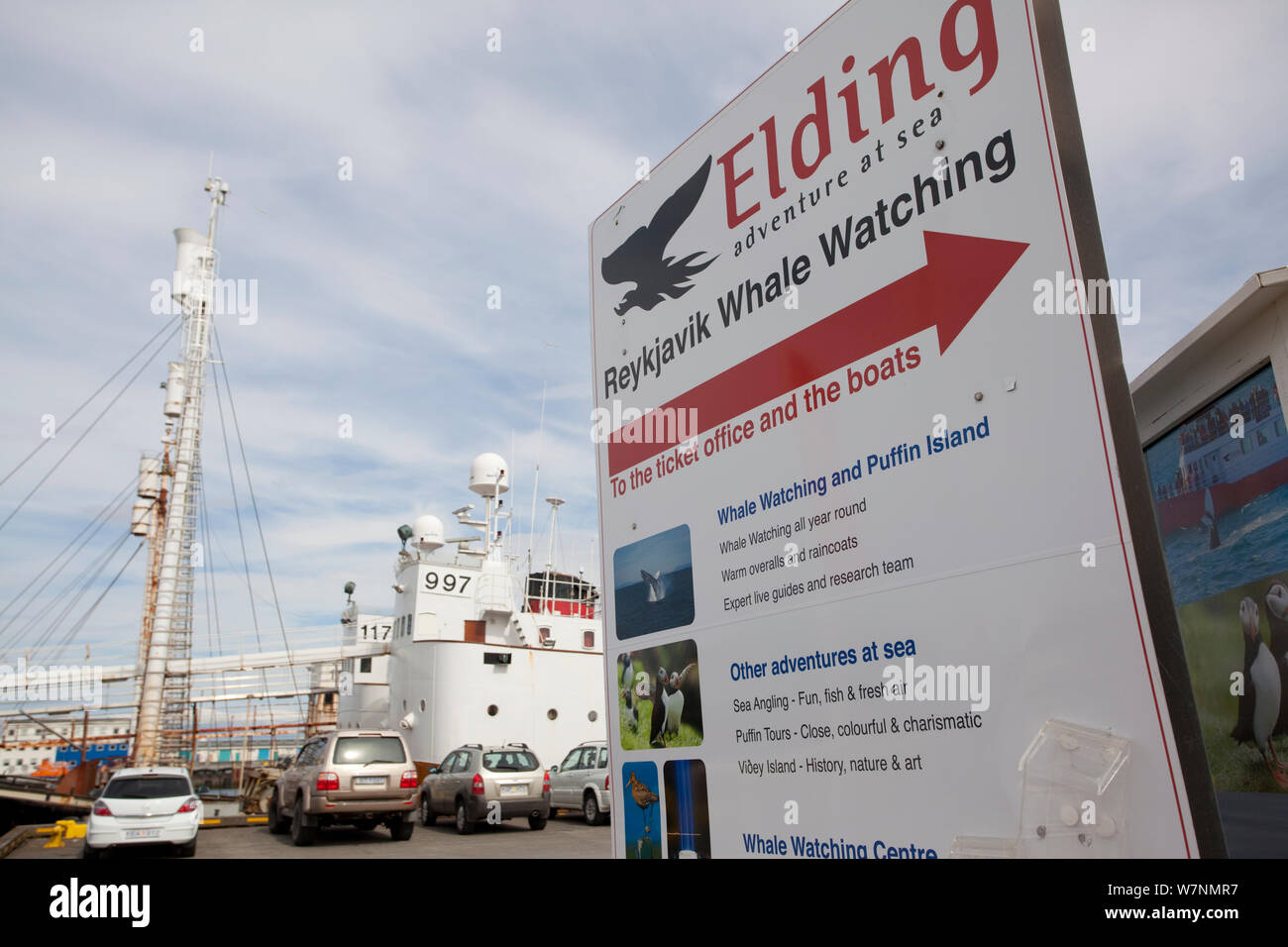 Promotions for whale and seabird watching tours from Reykjavik harbour, Iceland, June 2011 Stock Photo