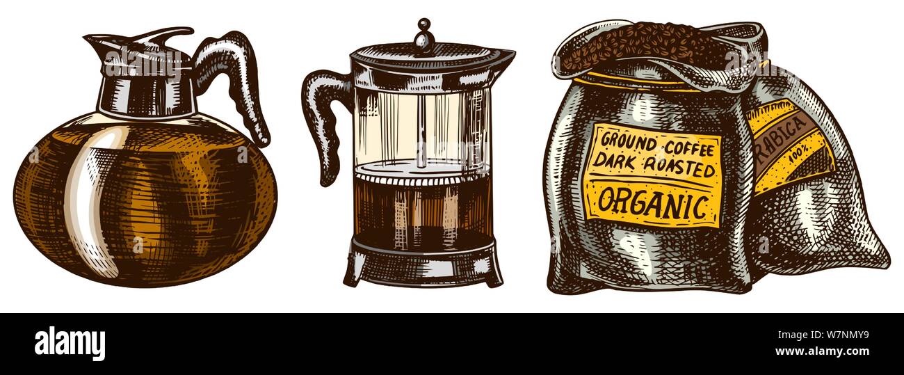 Set of coffee in vintage style. Bag French press Filter Maker . Hand