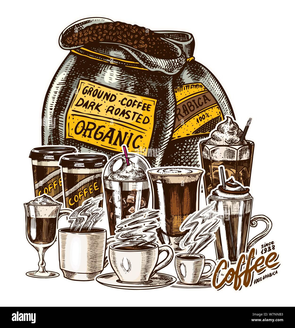 Coffee concept in vintage style. Hand drawn engraved poster, retro ...
