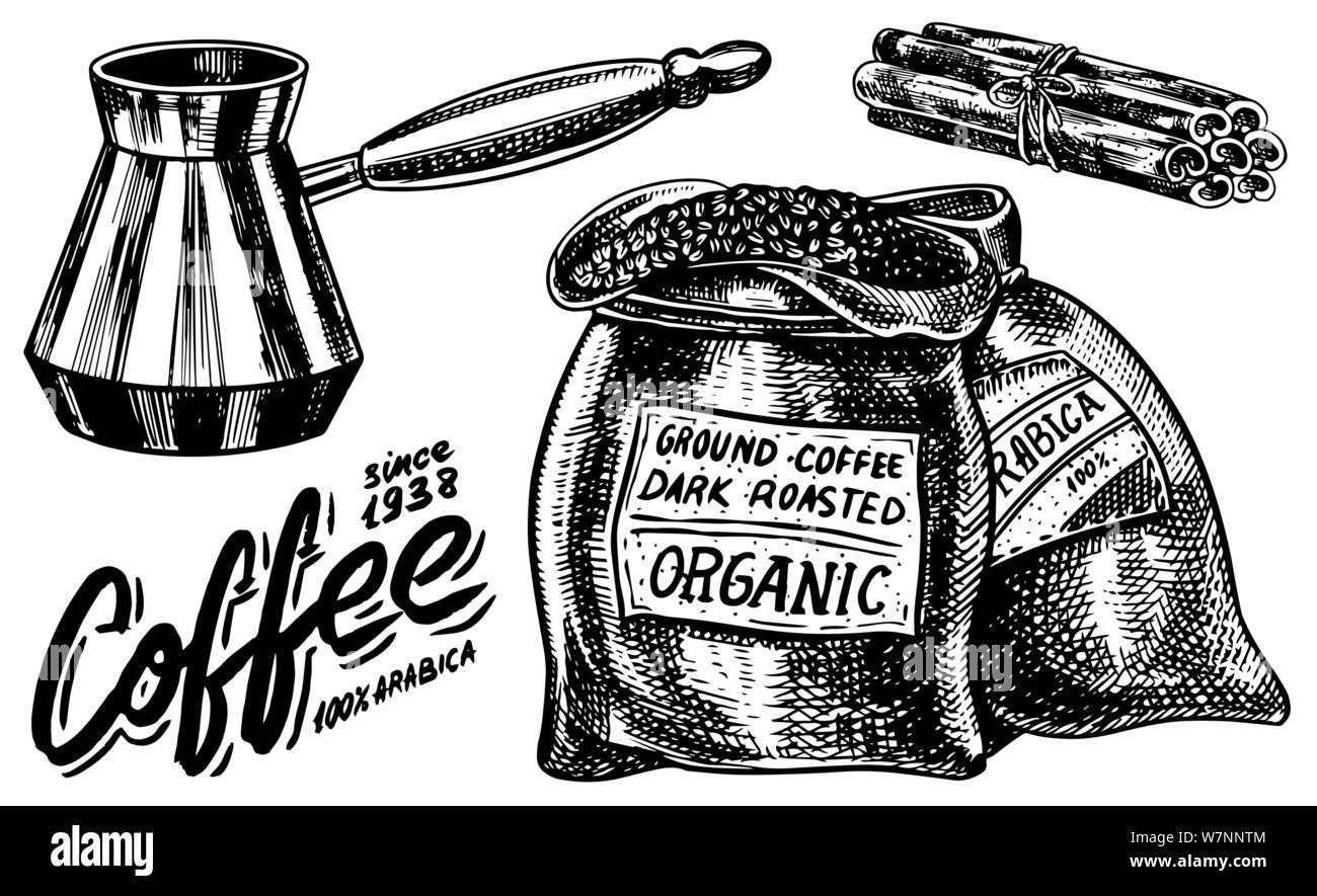 Bag of coffee beans in vintage style. Hand drawn engraved retro sketch ...
