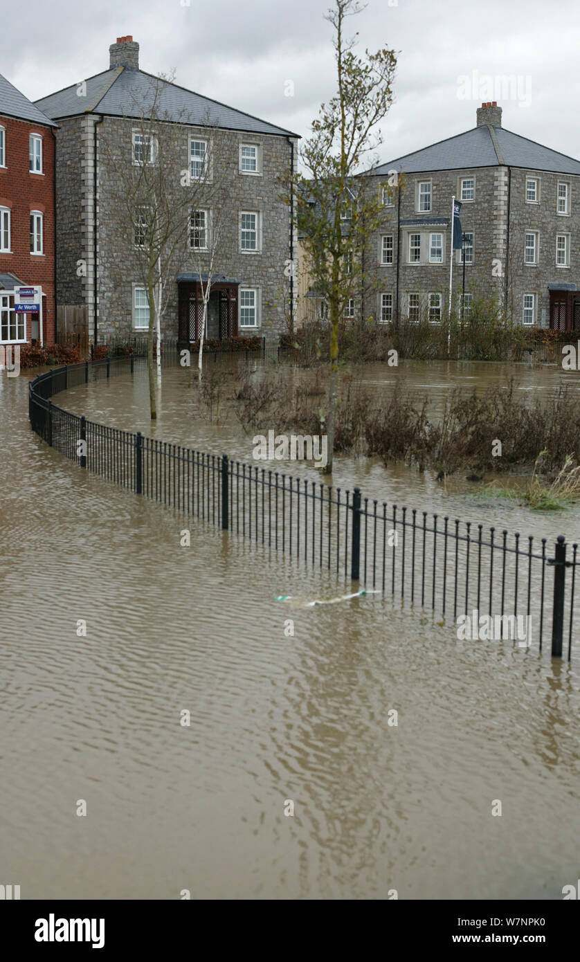 Flooding of newly built housing in the Glasdir estate, Ruthin, Vale of Clwyd, Denbighshire, Wales, UK.  This is an area at risk of flooding and therefore difficult to obtain House insurance. 27/11/ 2012 Stock Photo