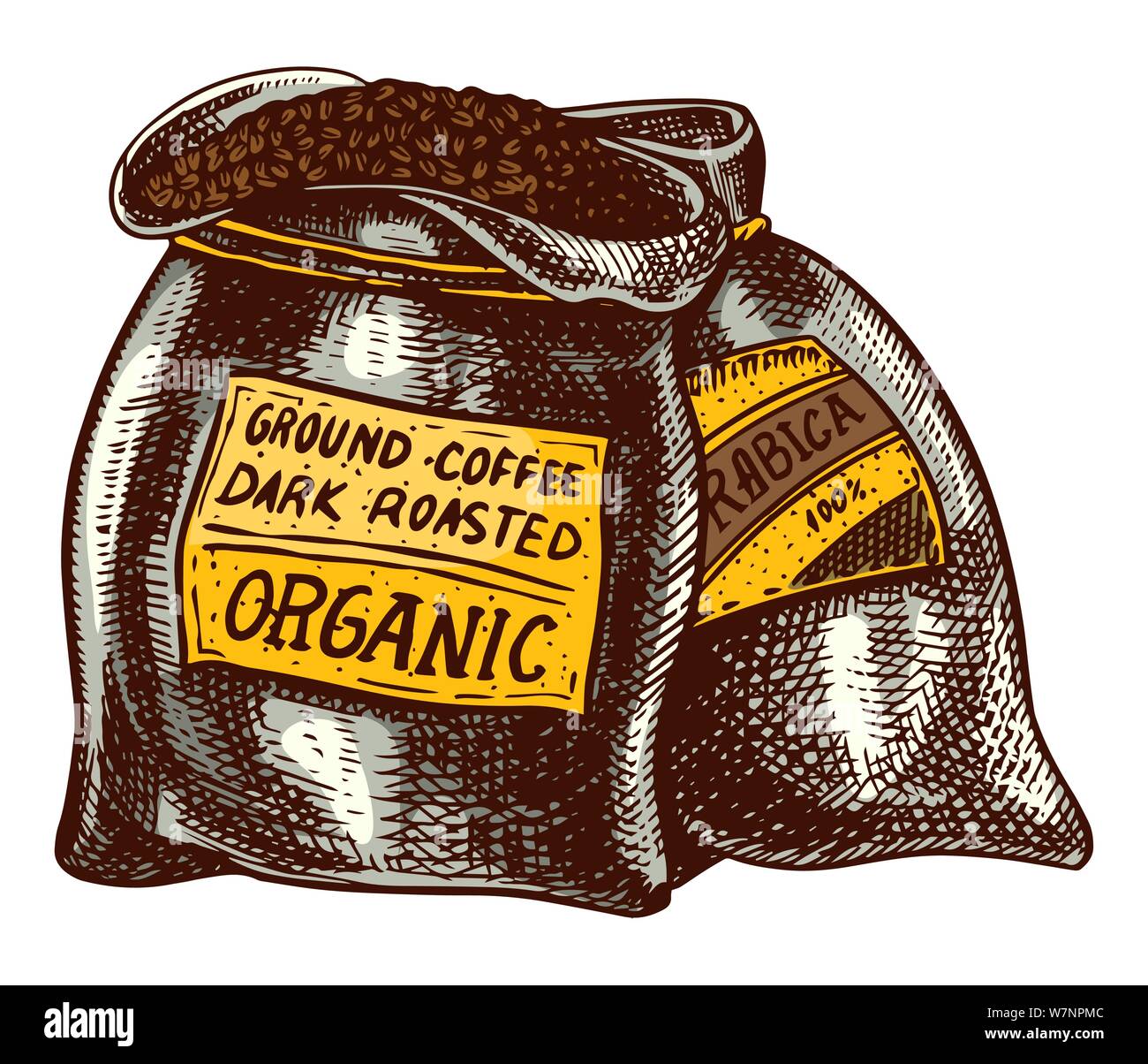 Bag of coffee beans in vintage style. Hand drawn engraved retro sketch ...
