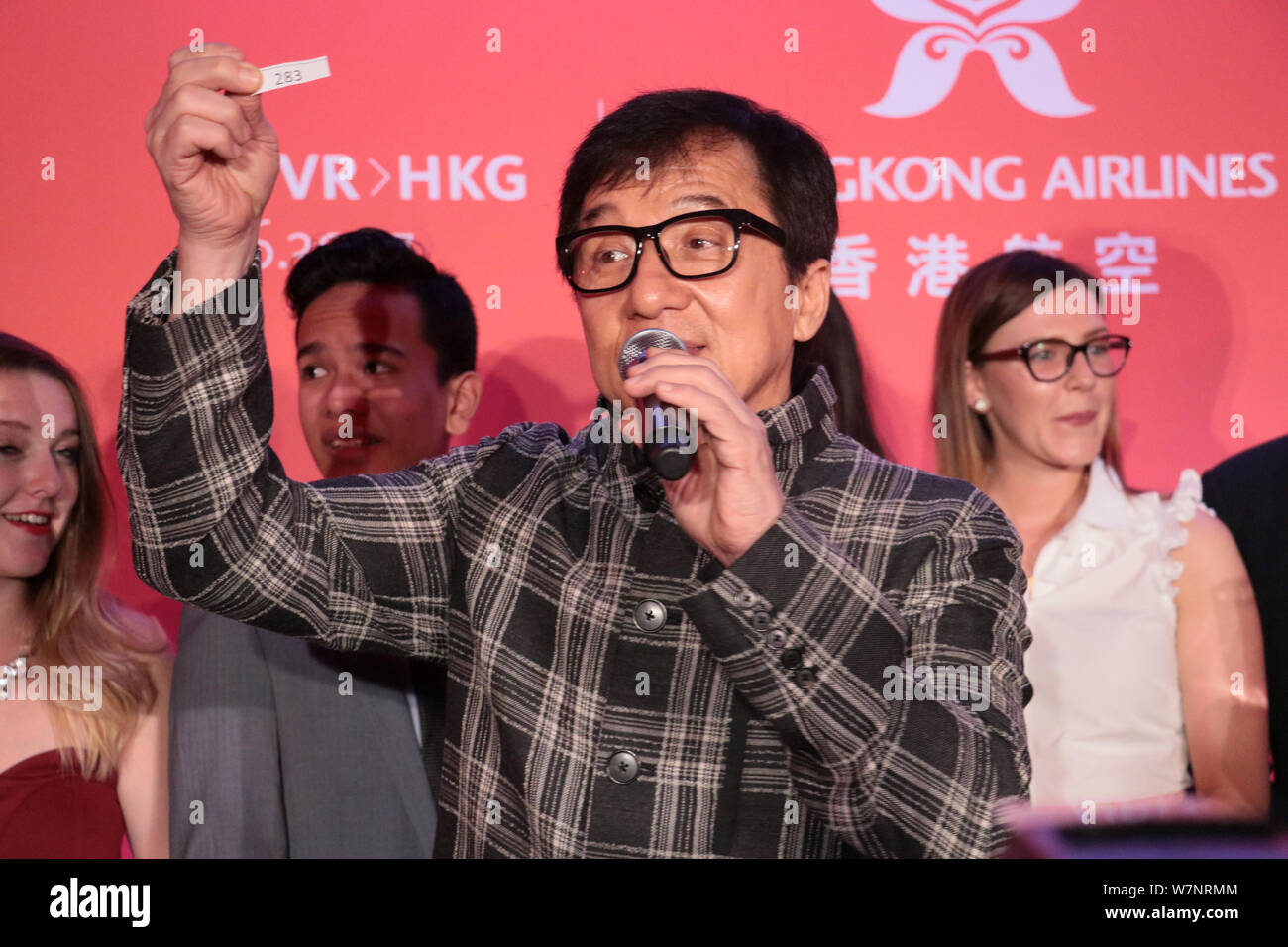 Hong Kong kungfu superstar and film producer Jackie Chan attends a party to mark the inaugural flight of Hong Kong Airlines from Hong Kong to Vancouve Stock Photo