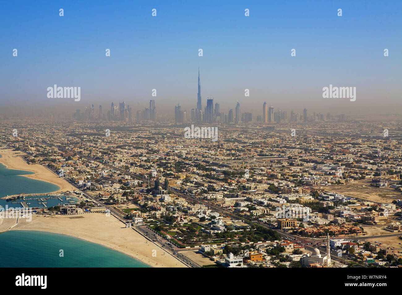 Dubai aerial view from Burj Al Arab with tallest building in the world the 'Burj Khalifa' along with Dubai skyline, United Arab Emirates, January 2010 Stock Photo