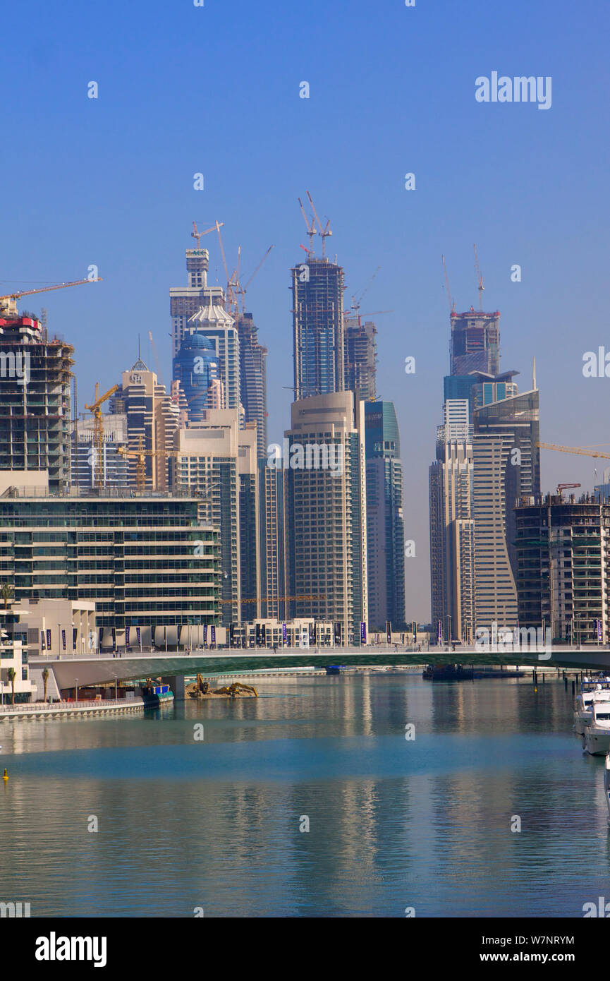 View of Dubai Marina and buildings under construction, Dubai, UAE, January 2010 Stock Photo