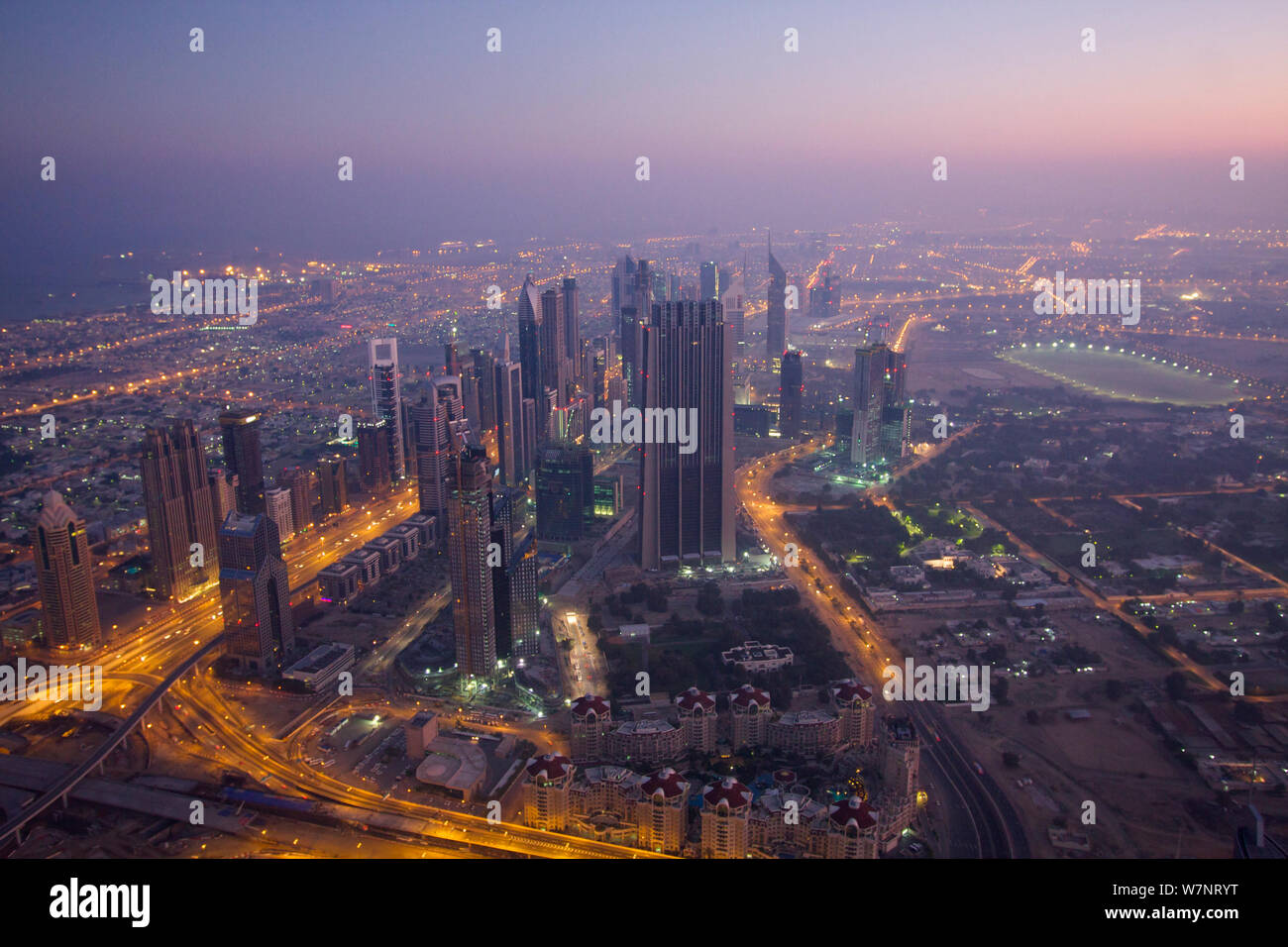 Aerial View of Dubai city in the early morning, looking towards Sheikh al zayed road, Dubai, UAE, January 2010 Stock Photo