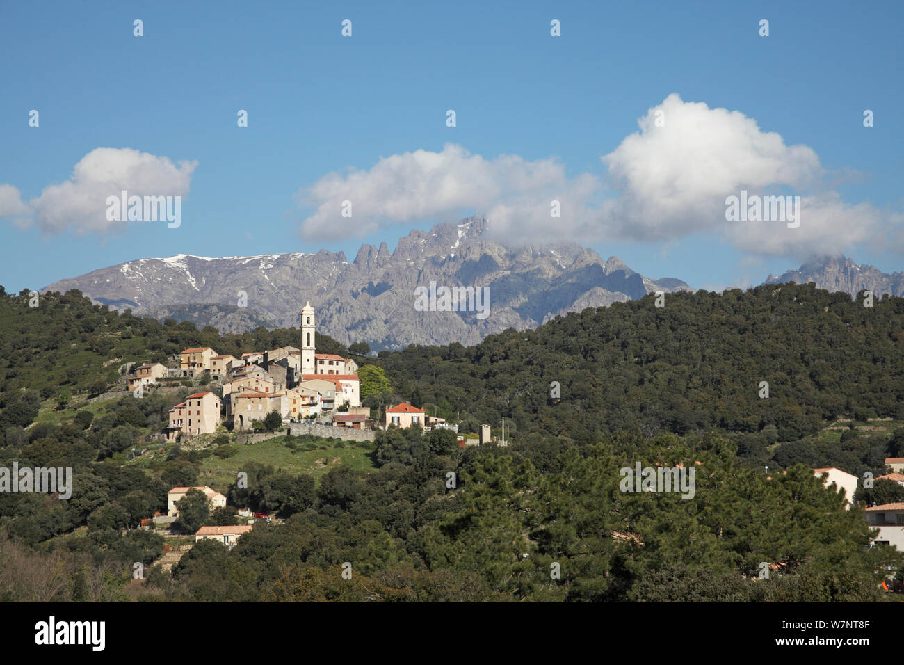 View of Soveria village, Parc Naturel Regional de Corse, Corsica, France, April 2010. Stock Photo