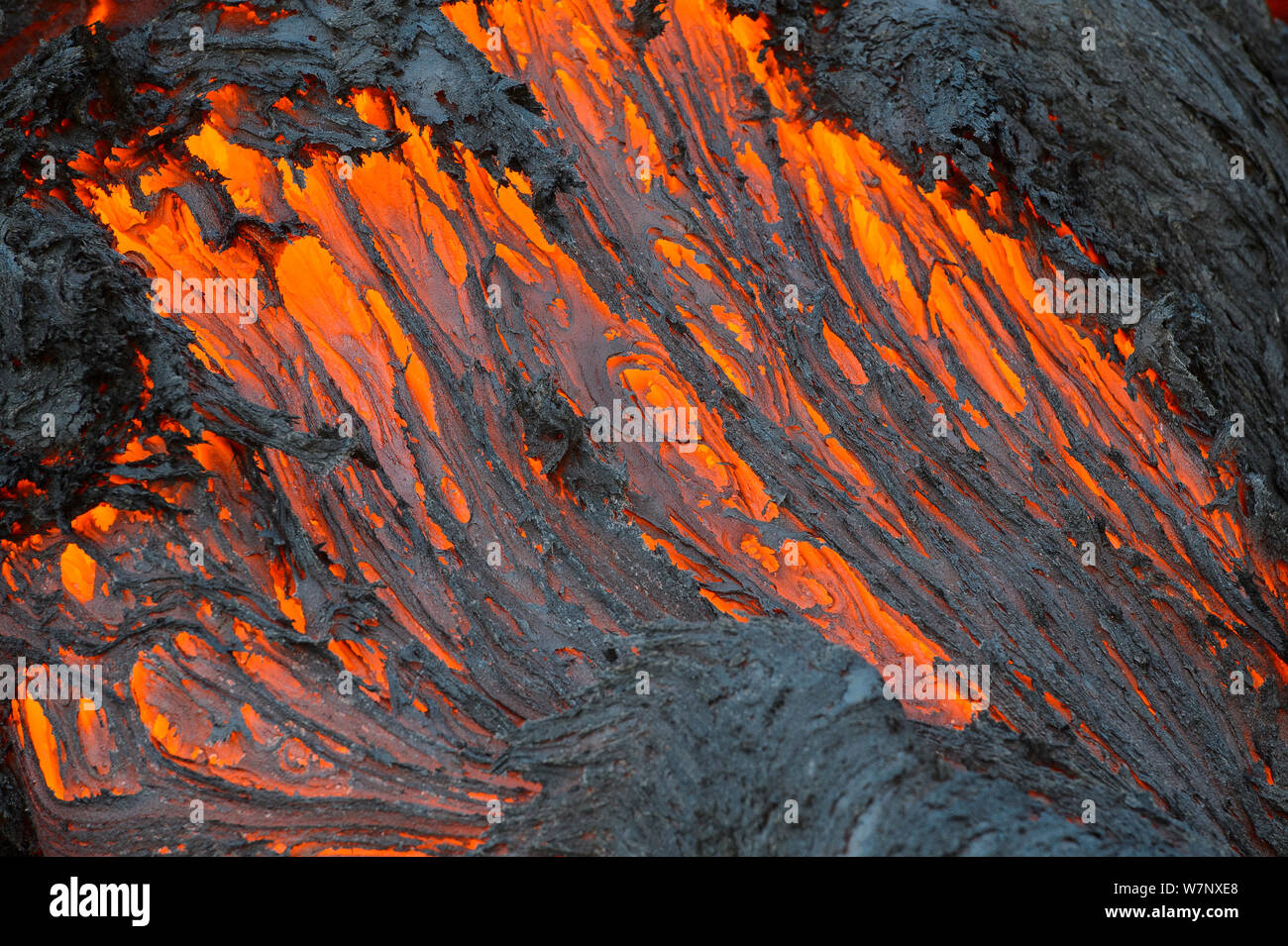 Red hot lava from the Plosky Tolbachik Volcano eruption, Kamchatka Peninsula, Russia, 5 December 2012 Stock Photo