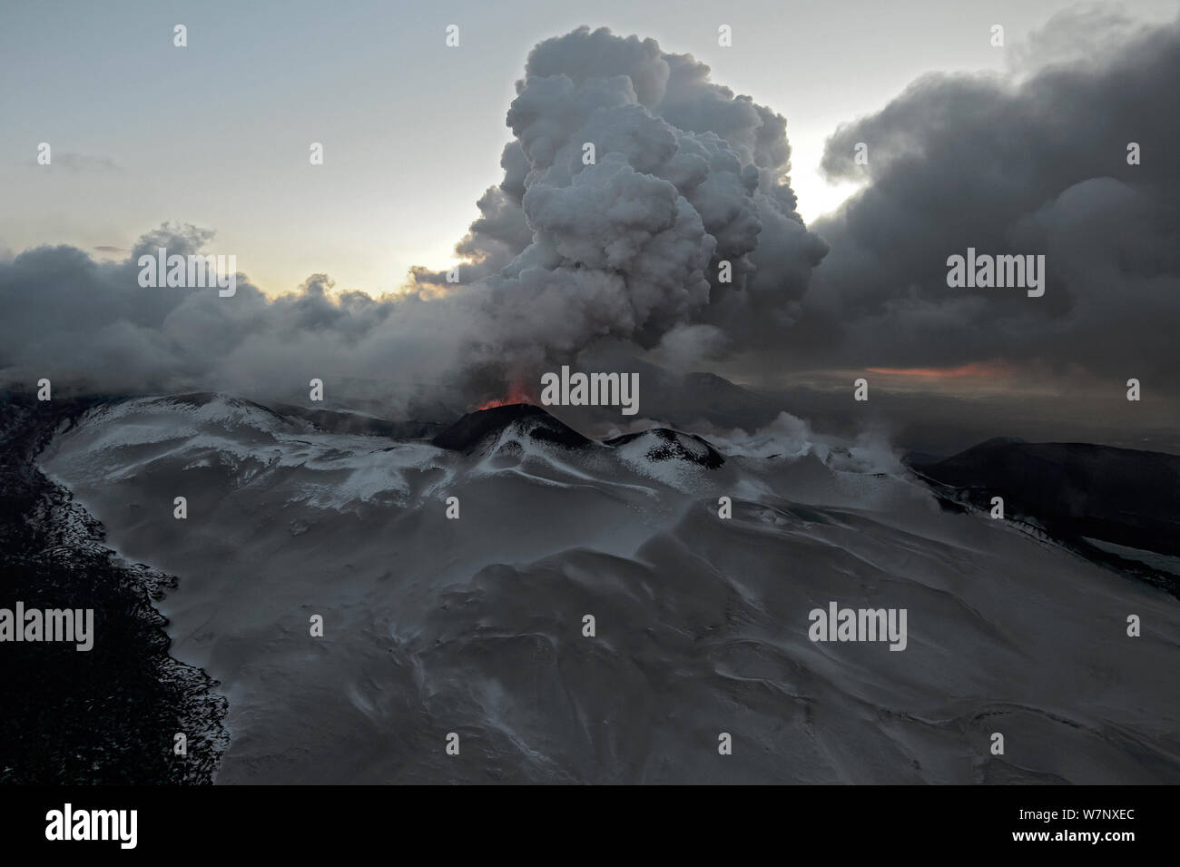 Ash from the erupting Plosky Tolbachik Volcano, Kamchatka Peninsula, Russia, 15 December 2012 Stock Photo