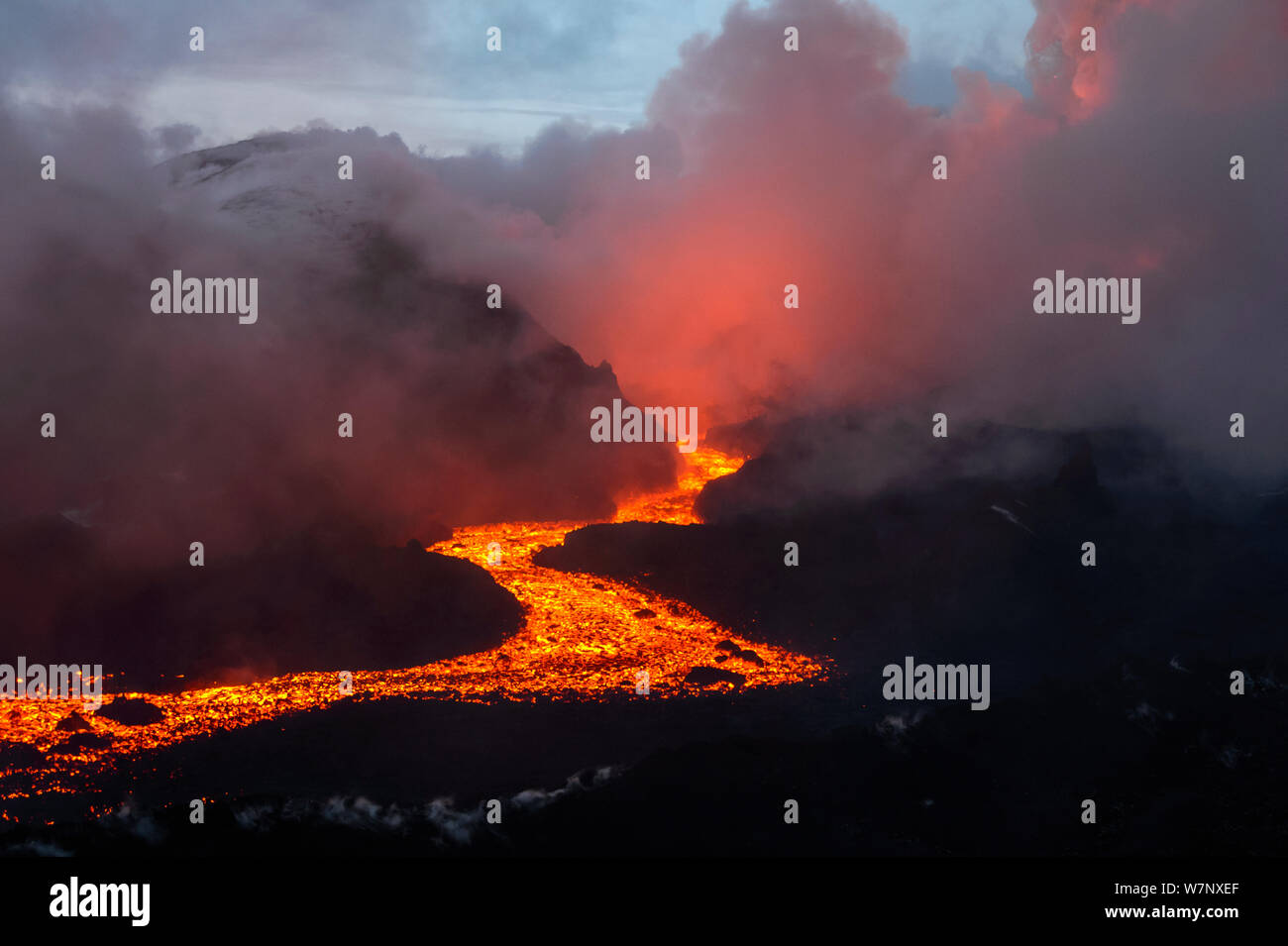 Red hot lava flow from Plosky Tolbachik Volcano, Kamchatka Peninsula, Russia, 15 December 2012 Stock Photo
