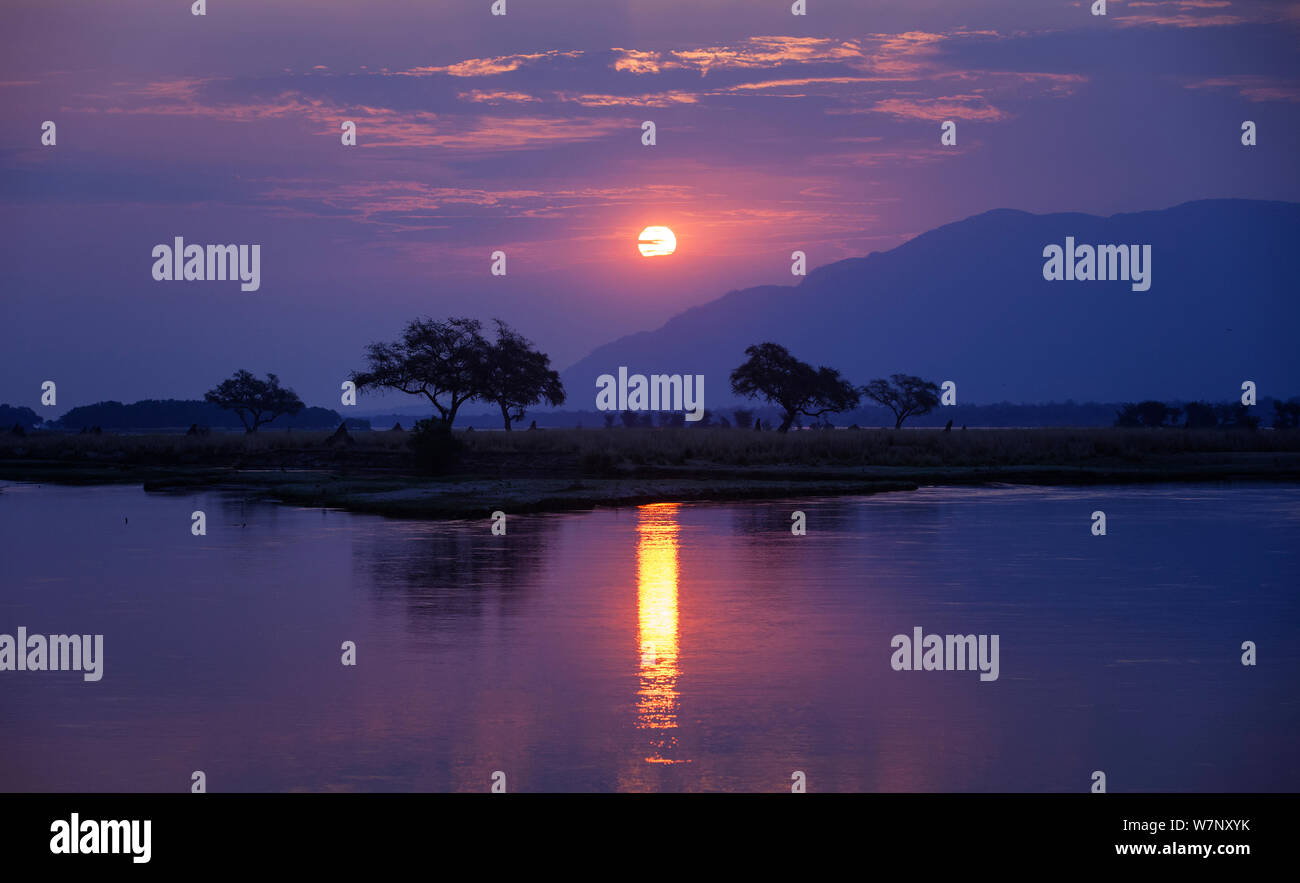 Sunset over Zambezi River, Mana Pools National Park, Zimbabwe, October 2012 Stock Photo
