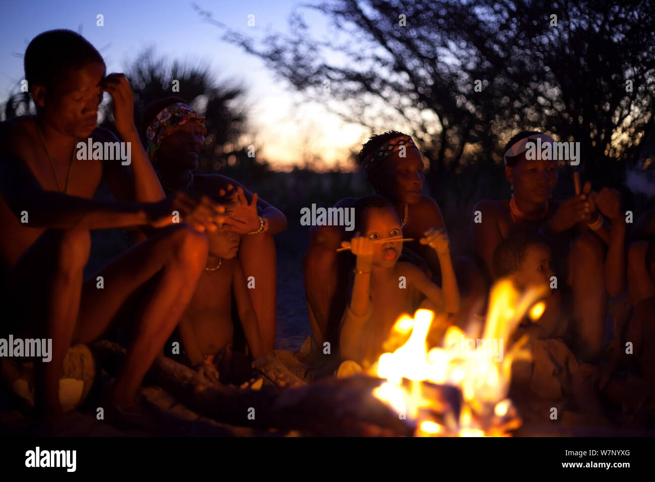 Zu/'hoasi Bushmen men, women and children sit around a fire at dusk in the Kalahari, Botswana. April 2012. Stock Photo