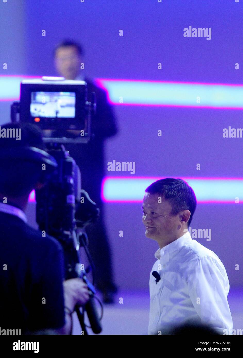 Jack Ma or Ma Yun, chairman of Chinese e-commerce giant Alibaba Group, speaks at the main forum during the first World Intelligence Congress, also kno Stock Photo