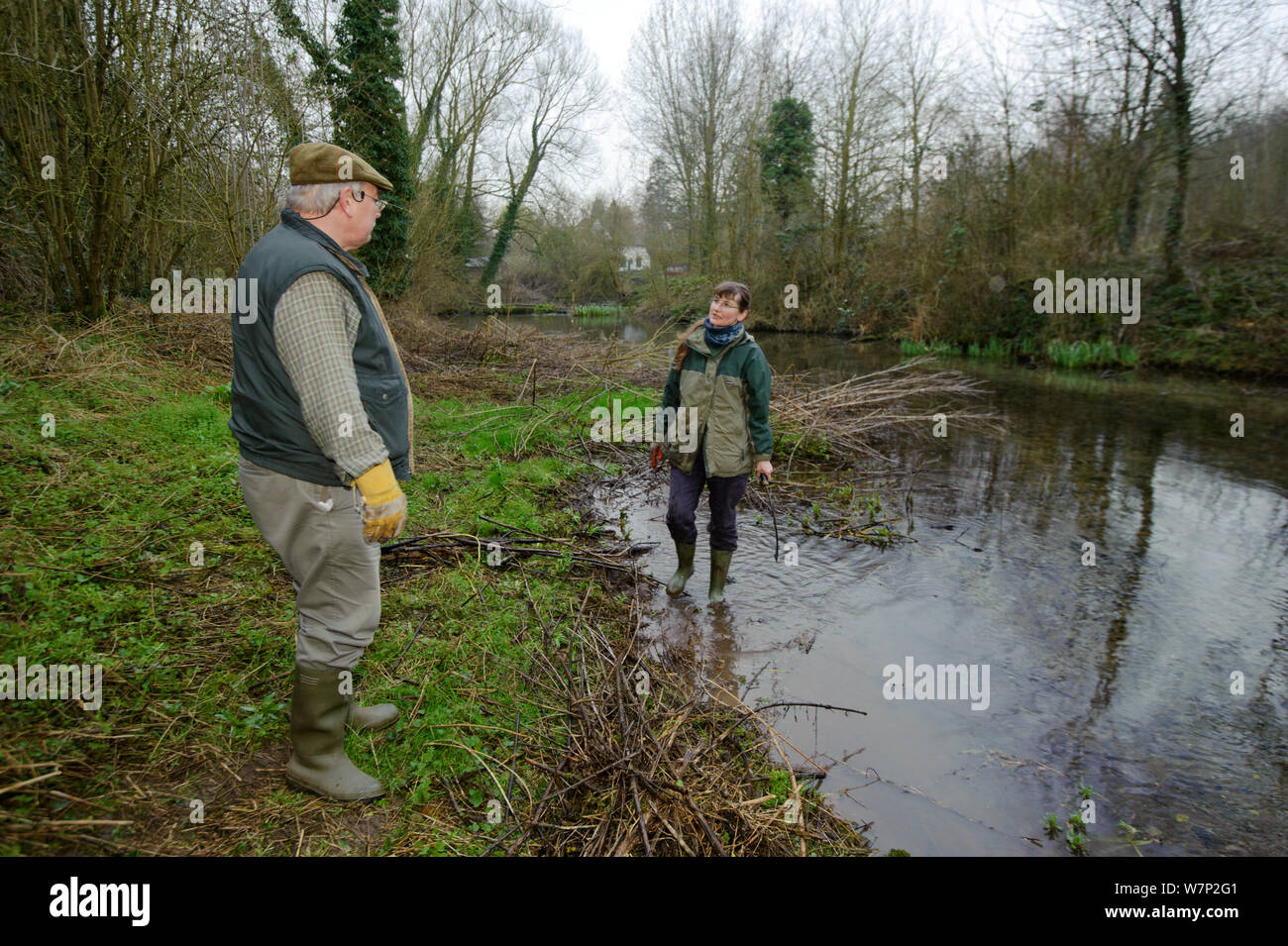 A member of staff from the Wildwood Trust, talks to landowner, during conservation efforts to improve water vole habitat on a stream by cutting trees to allow growth of bankside vegetation, East Malling, Kent England, February 2011 Stock Photo